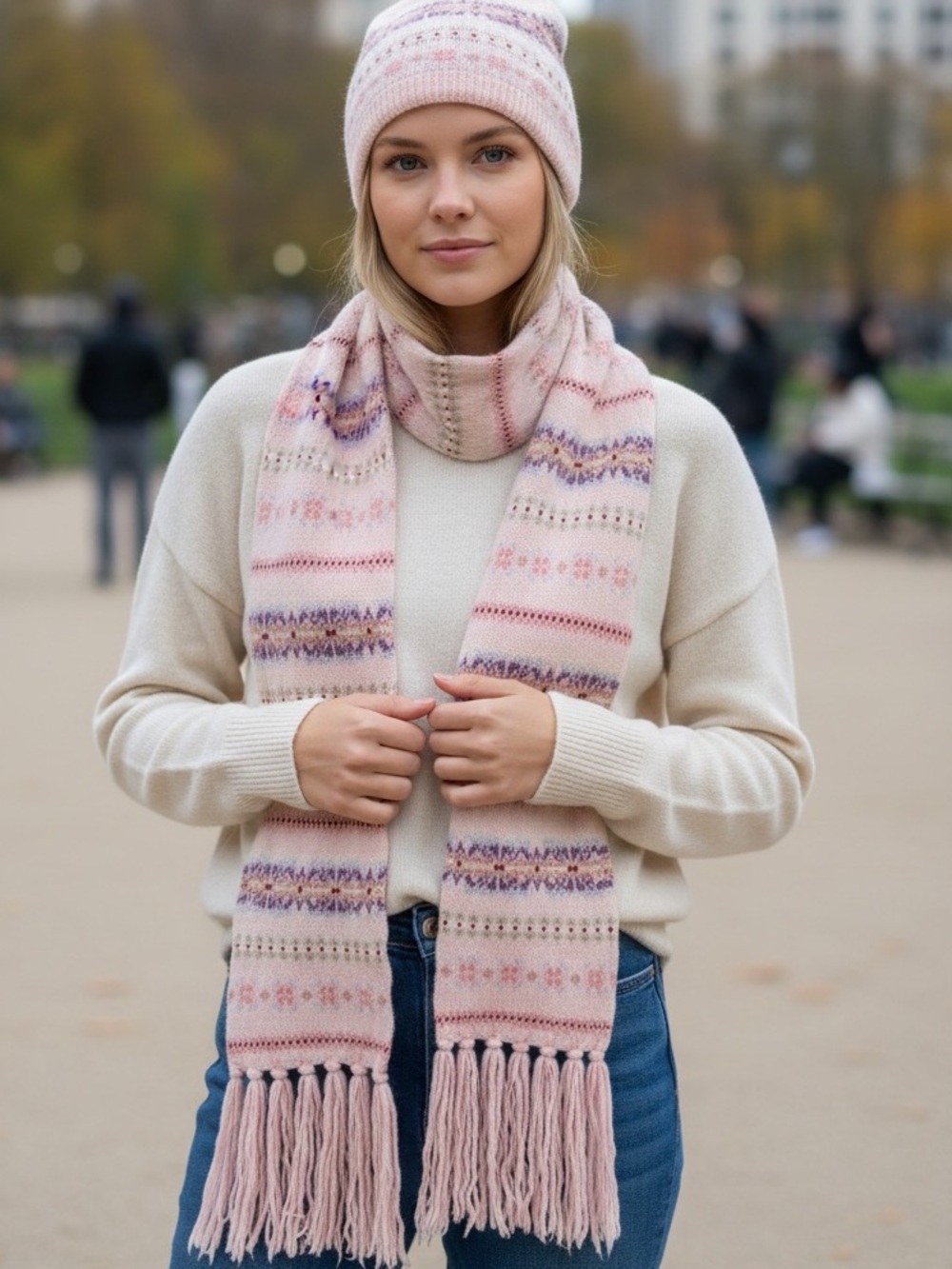 American Eagle Scarf & Beanie Set Pink Fair Isle Angora Wool Blend Fringe Cozy